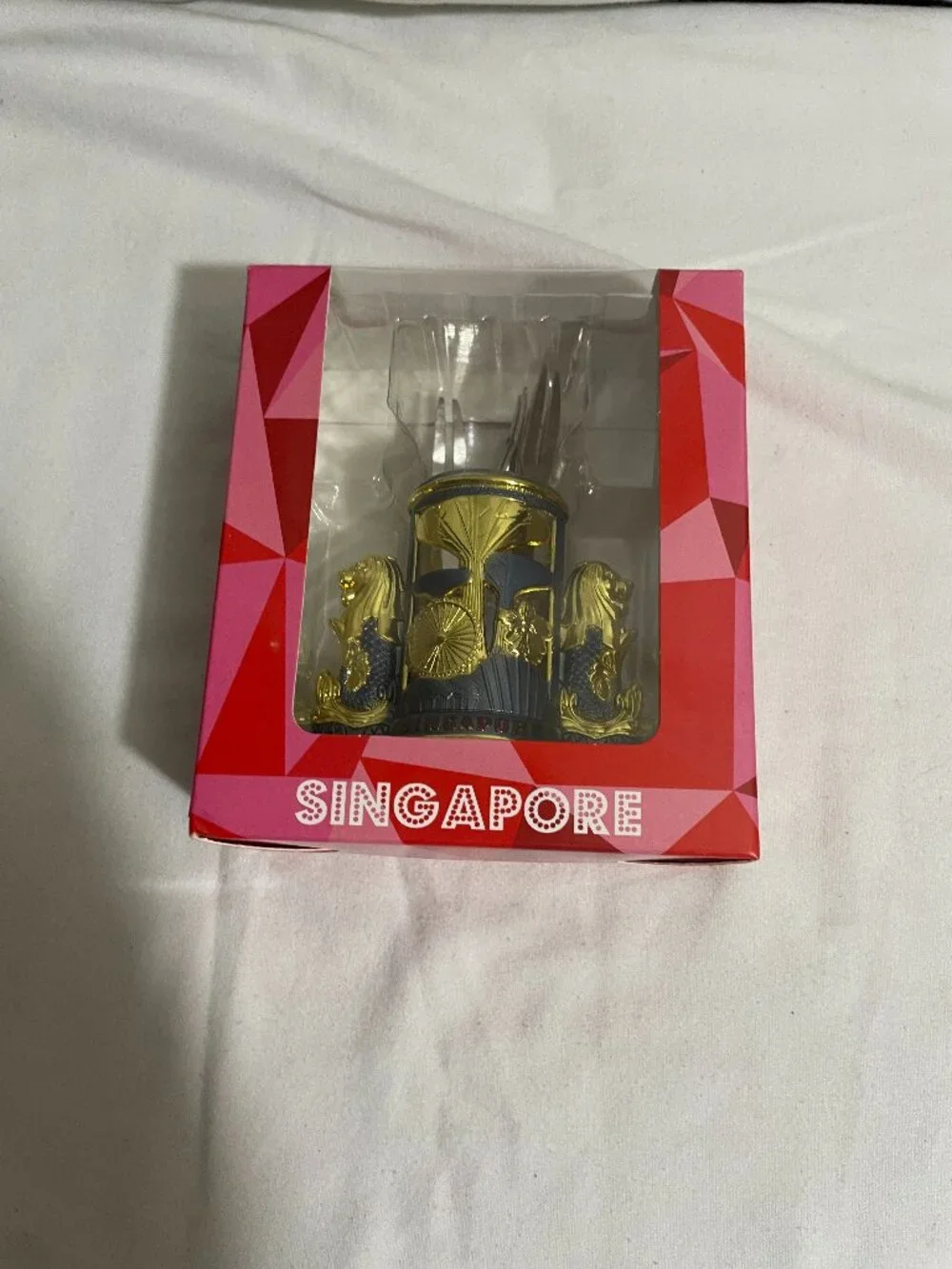 Singapore Merlion Fruit Pick Holder 6 Cocktail Forks Boxed Souvenir Set